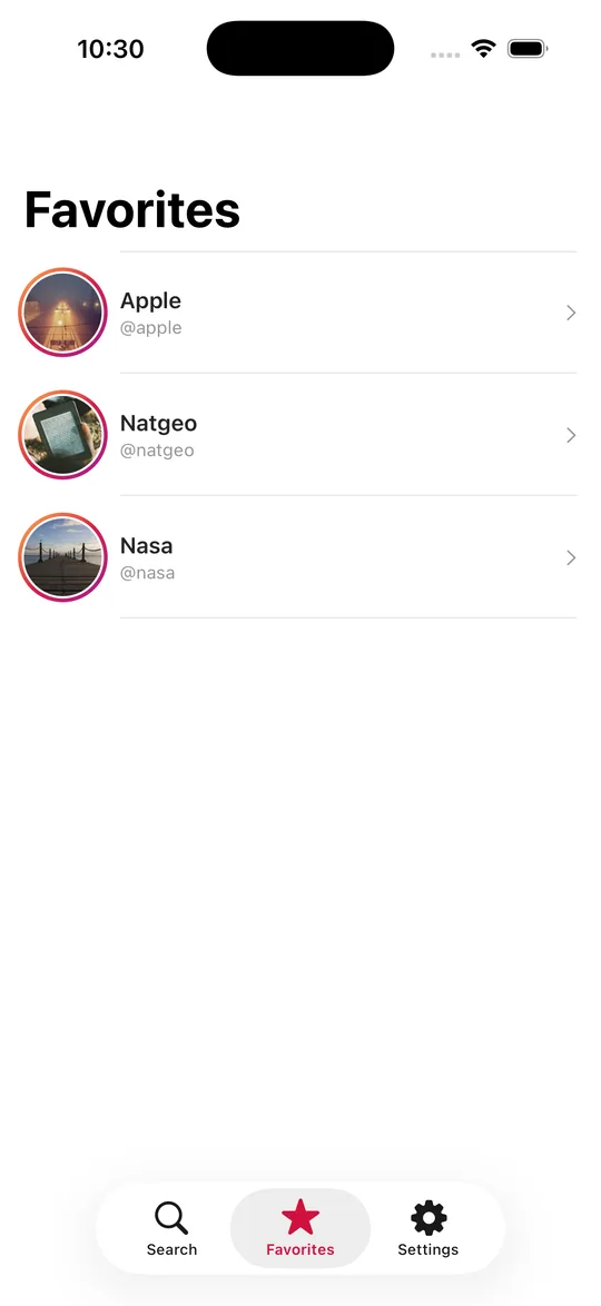 Favoritenliste mit Apple, Natgeo und Nasa